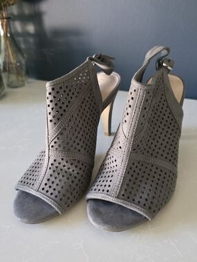 Kelly & Katie Gray Perforated Peep-Toe Slingback Heels